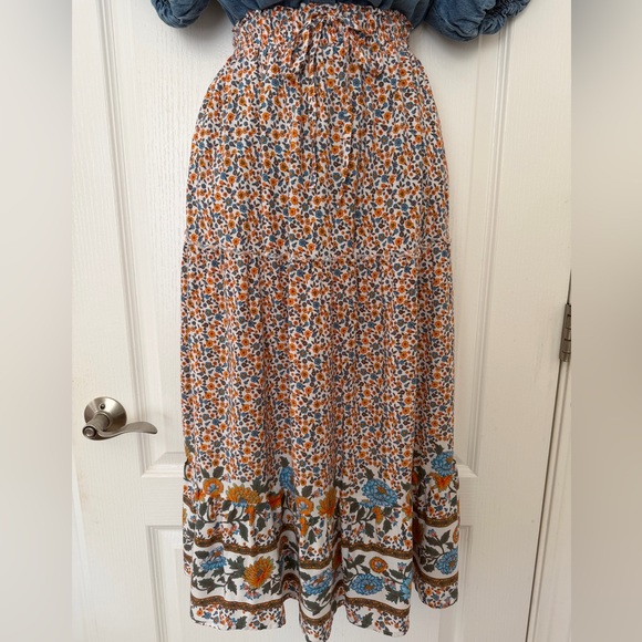 Merkeety Orange Blue Floral Ruffle Tiered Maxi Skirt, Size XL - Picture 2 of 11
